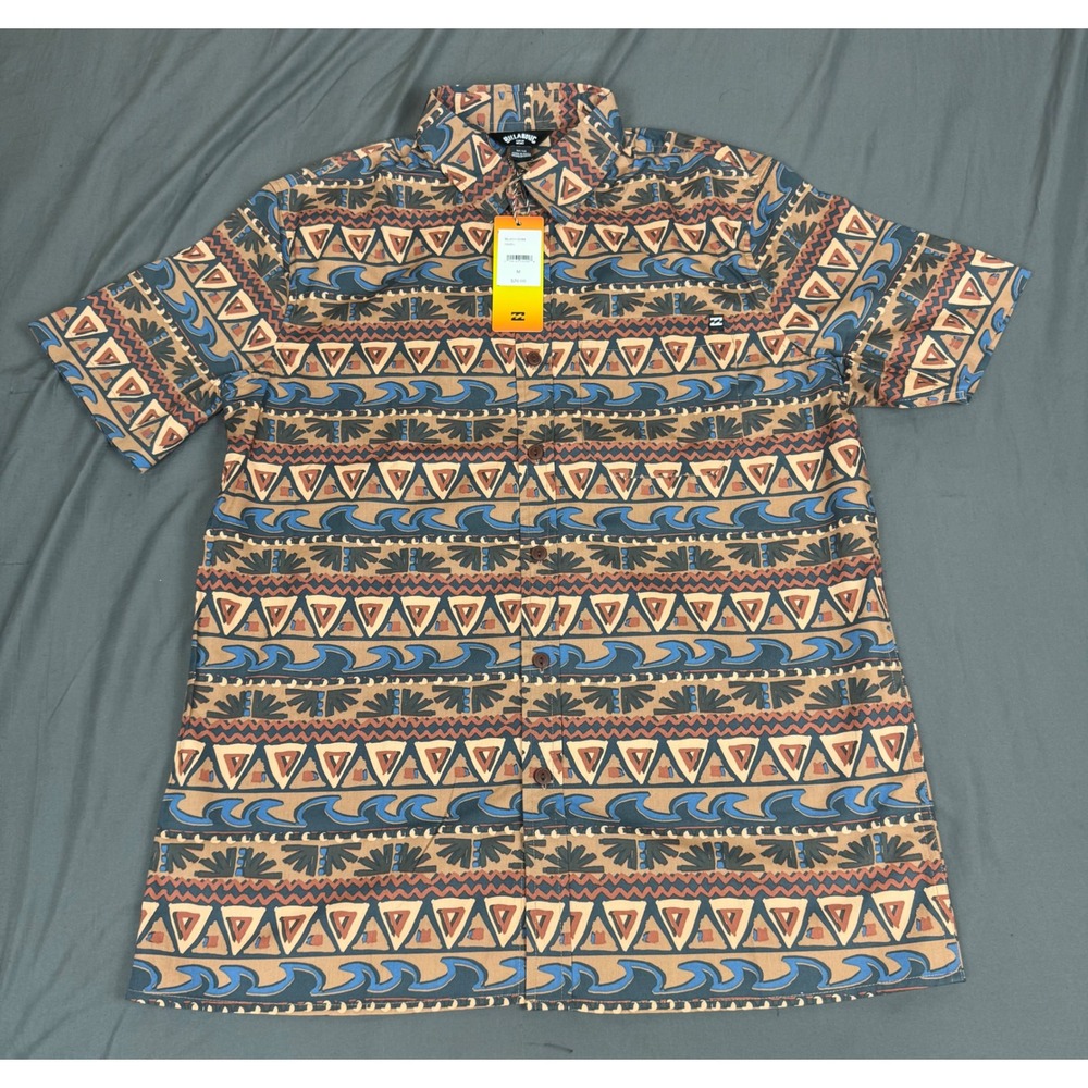 Billabong Mens Medium Hazel Tribal Wave Print Button Up S/S Shirt Brown Blue